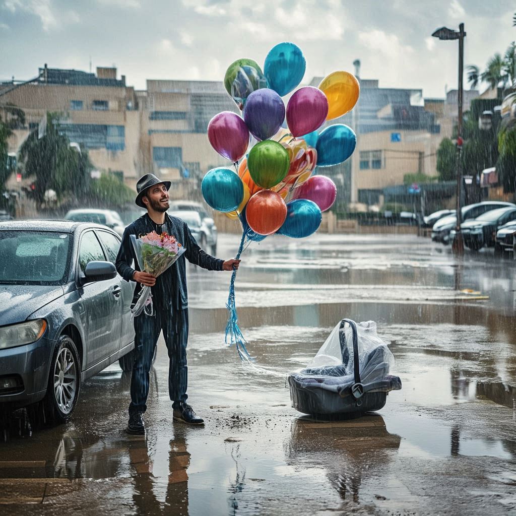 A bright rainy day in Jerusalem — heavy rain pours despite the sunshine, turning the hospital...jpeg