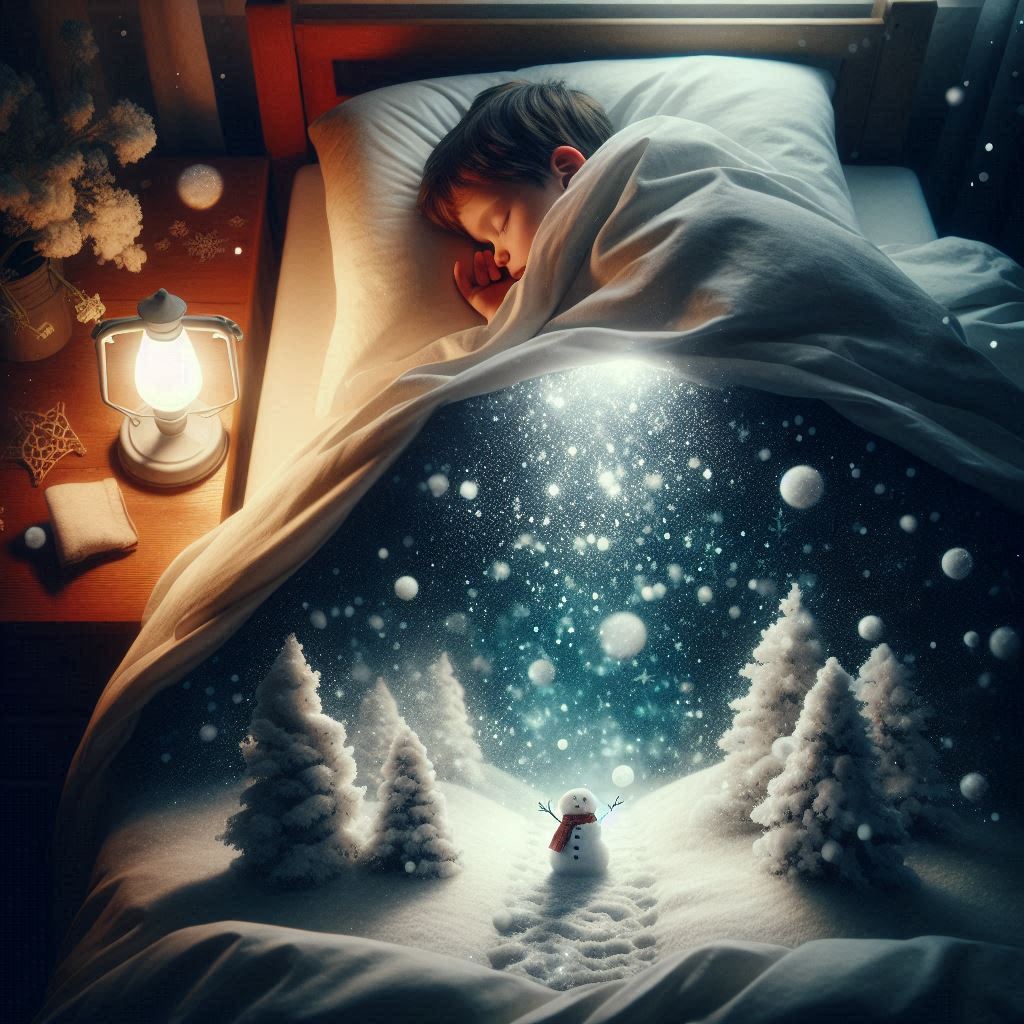 A child sleeps in bed, curled up in a warm blanket. But beneath the blanket, a magical winter...jpeg