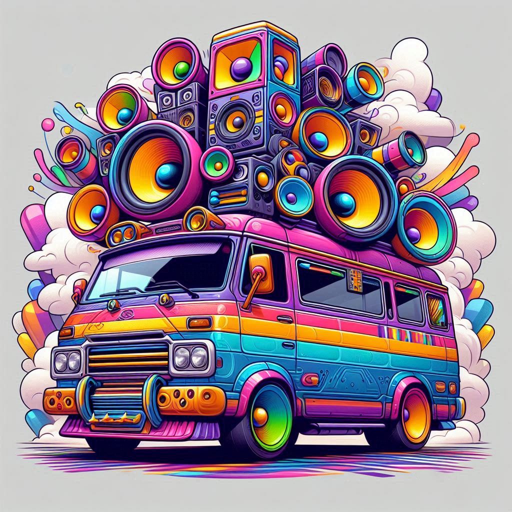 a colorful minibus with big speakers on the roof.jpg