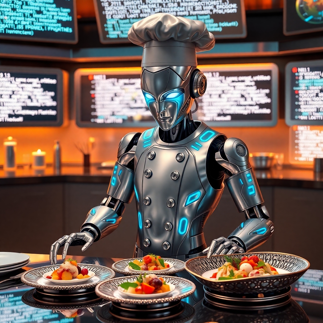 A futuristic robot chef crying tears of motor oil while making a five-course meal out of bina...jpeg