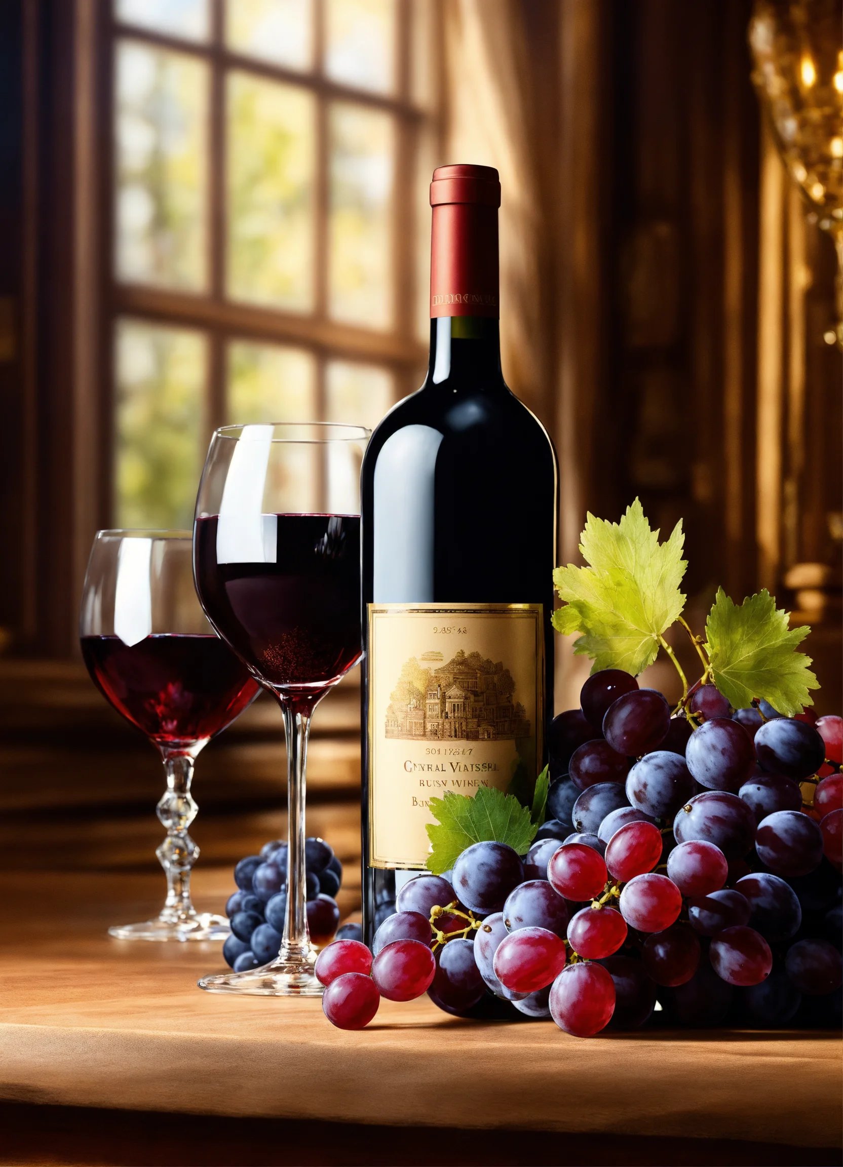 A glass of fancy wine on a table and bunches of gr.jpg