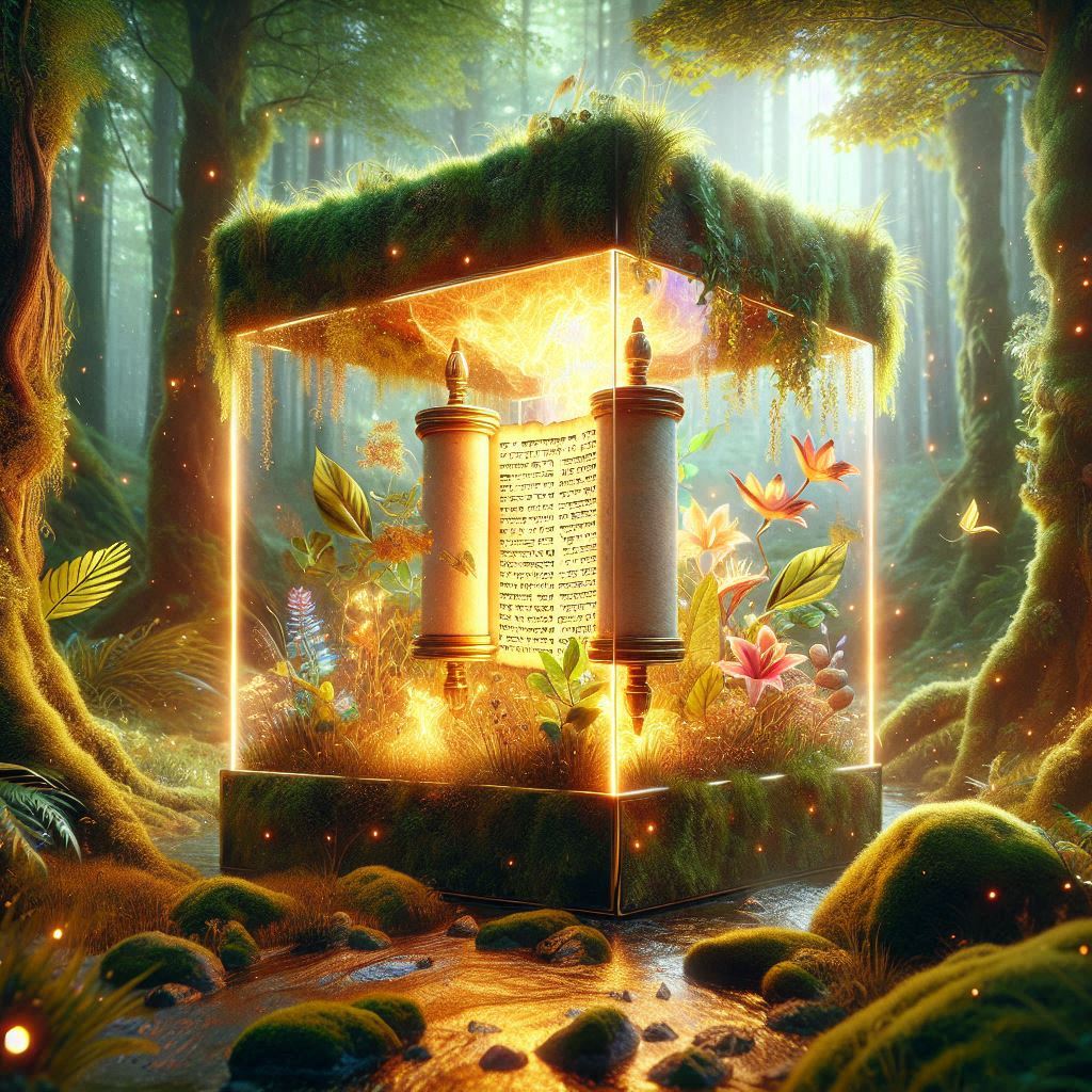 A glowing glass cube containing a beautiful burning Torah scroll, floating in an enchanted fo...jpeg