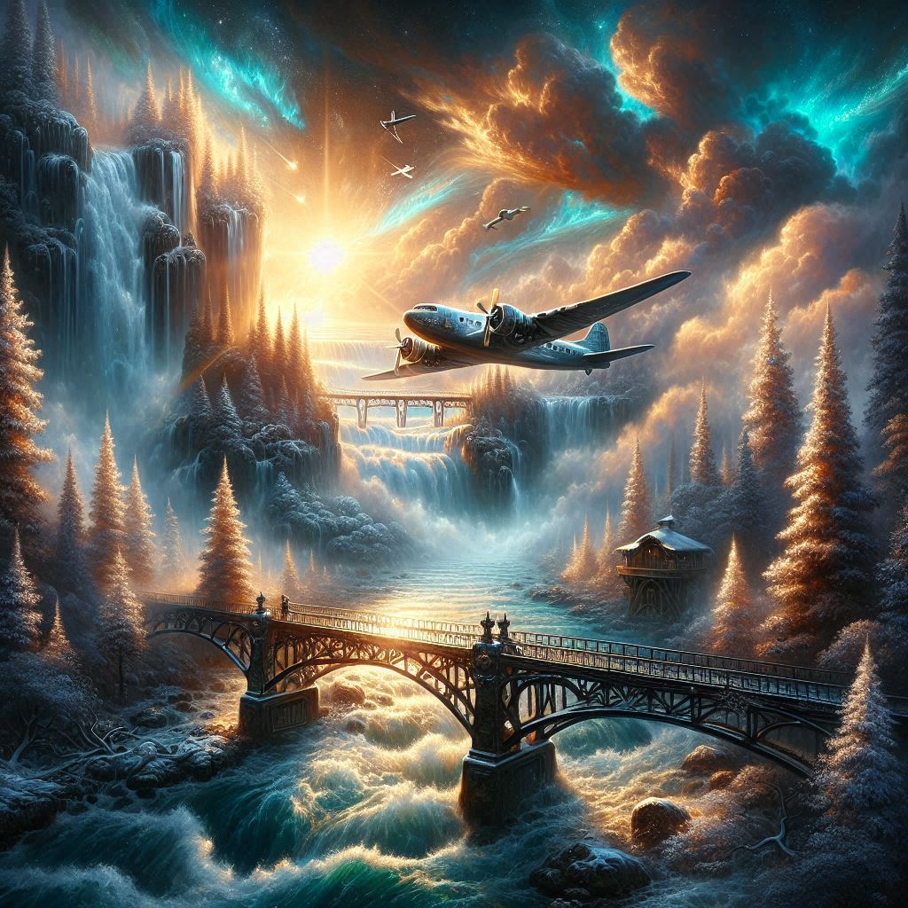 A highly detailed fantasy painting of a winter sunrise landscape. Dramatic. A majestic plane ...jpeg