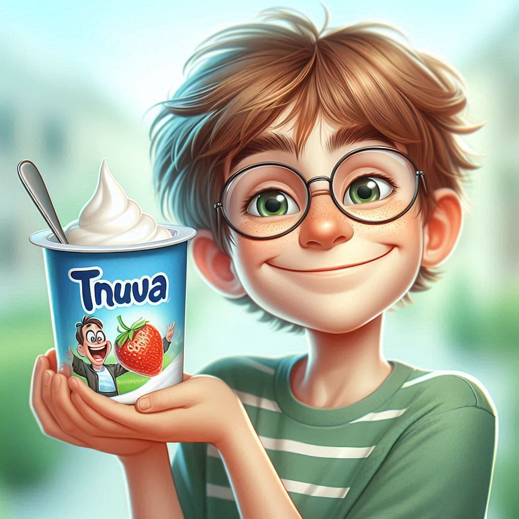 A humorous and inspiring image of a cute and charming boy with a Tnuva yogurt cup.jpg