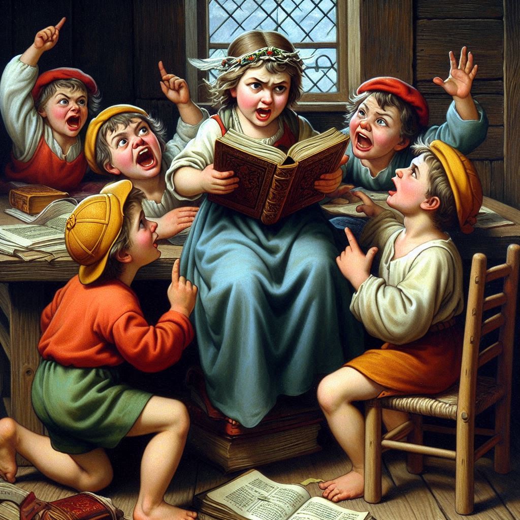 A humorous image of a child arguing with his friends over a book of Psalms.jpg