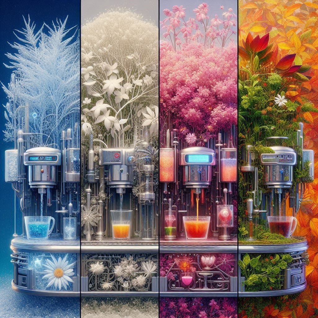 A hyper-realistic, glimmering surrealism depicting four futuristic beverage-making devices an...jpeg