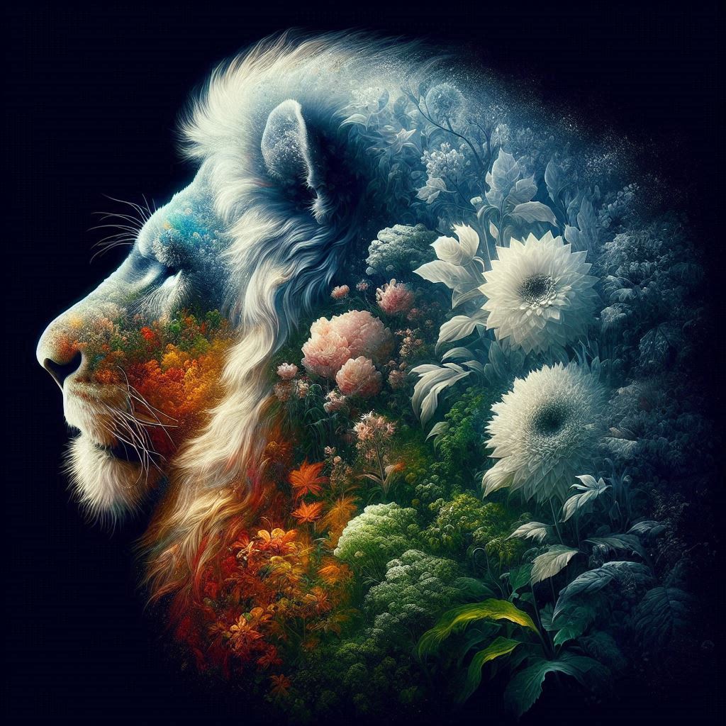 A hyper-realistic glint-cure surrealism depicting four silhouettes of a majestic lion profile...jpeg