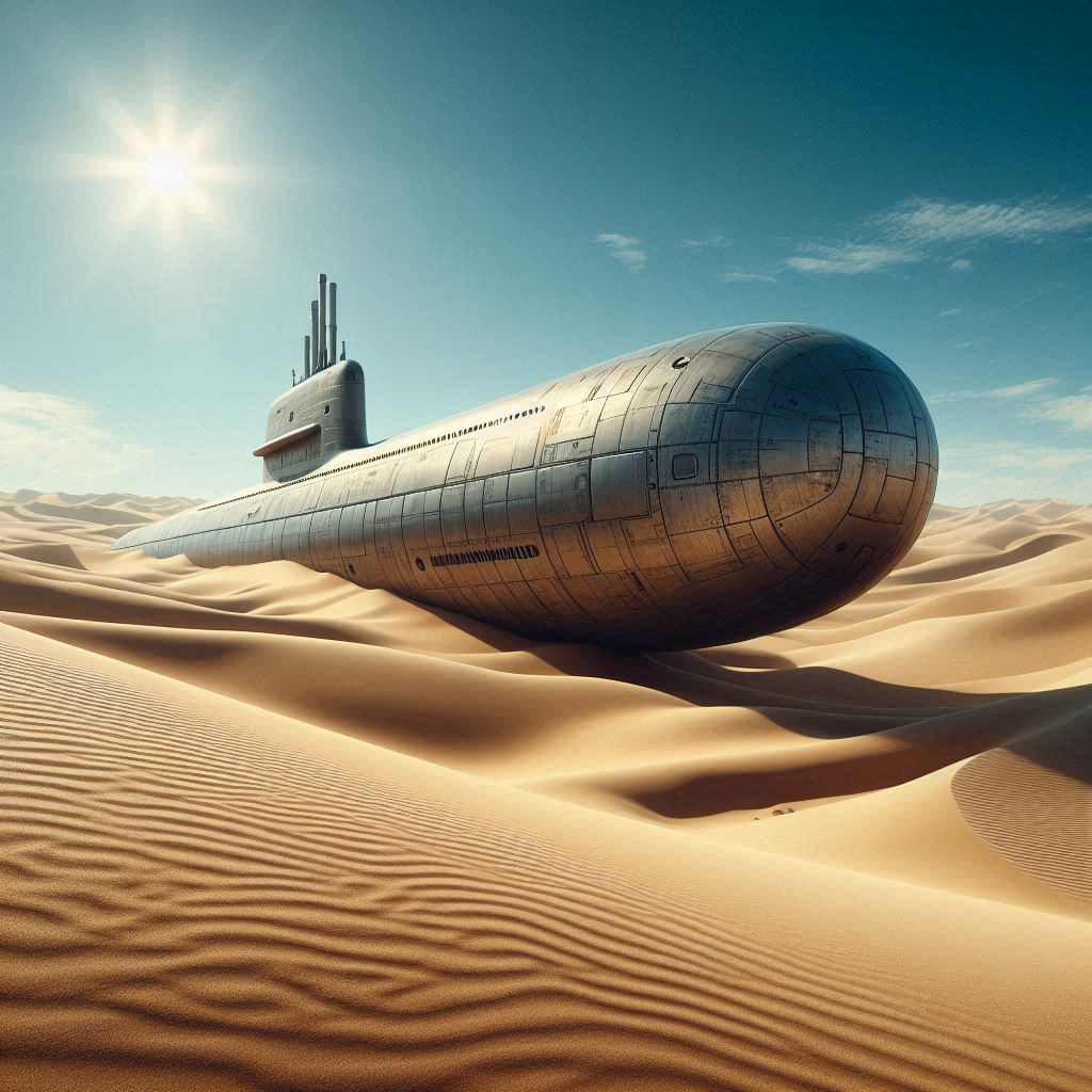 A large, metallic submarine resting in the middle of an endless sandy desert. It is surrounde...jpeg