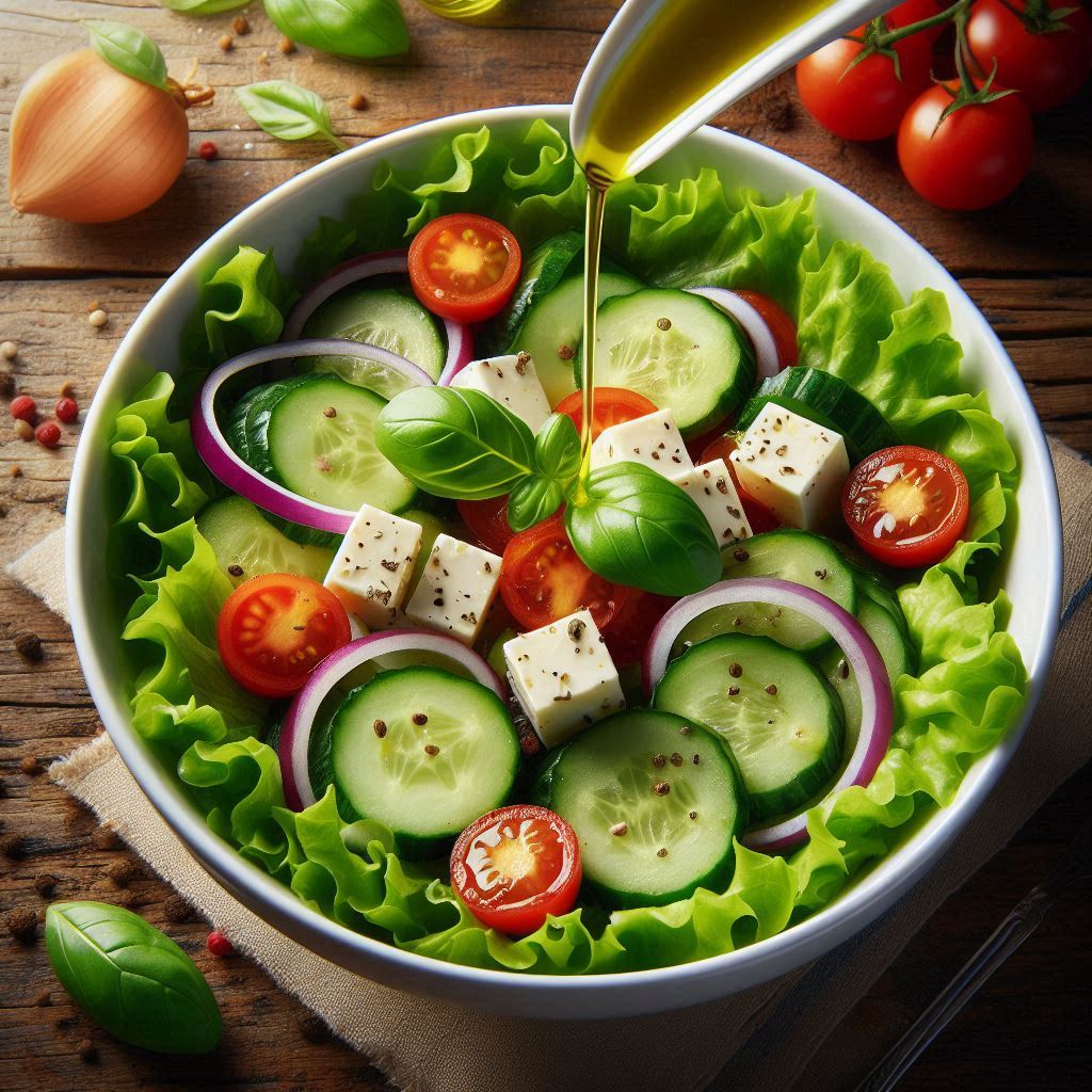 A realistic close-up shot from above of a white bowl filled with fresh lettuce salad topped w...jpeg