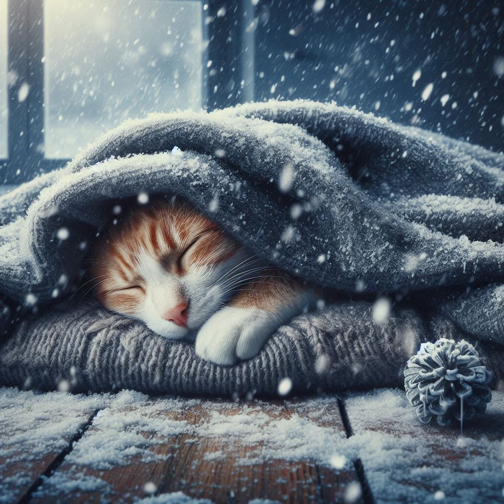 A realistic image of a dog or cat curling up under a blanket while outside there is very cold ...jpg