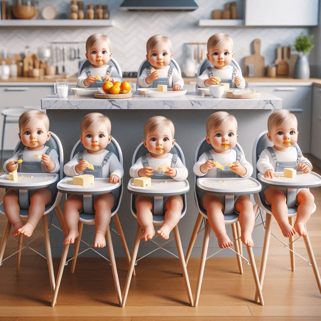A realistic photo of six cute, identical one-year-old babies sitting in brand-new, connected ...jpeg