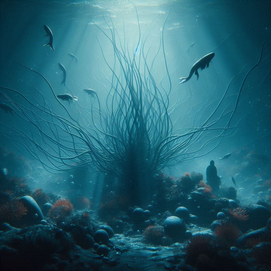 A realistic underwater scene with mysterious life, inspired by the styles of Ash Thorp, Simon ...jpg