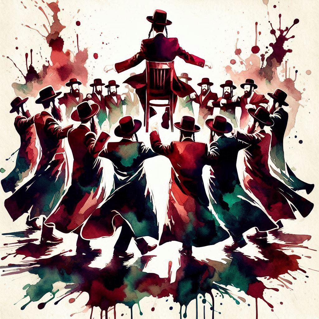 A semi-abstract silhouette of a group of Orthodox Jewish men dancing in a circle at a wedding...jpeg