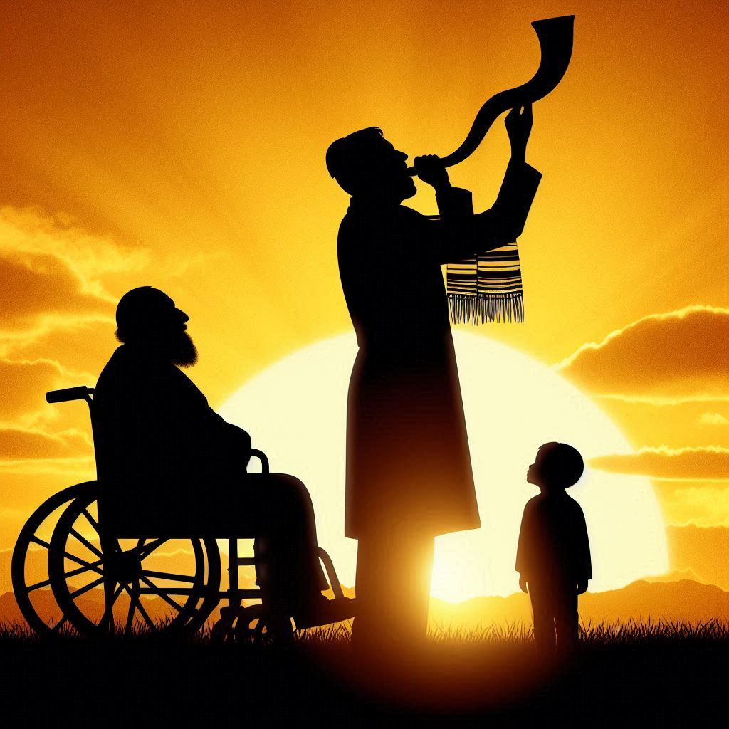 A silhouette illustration of a Jewish man blowing a shofar at sunset. In front of him sits an...jpeg