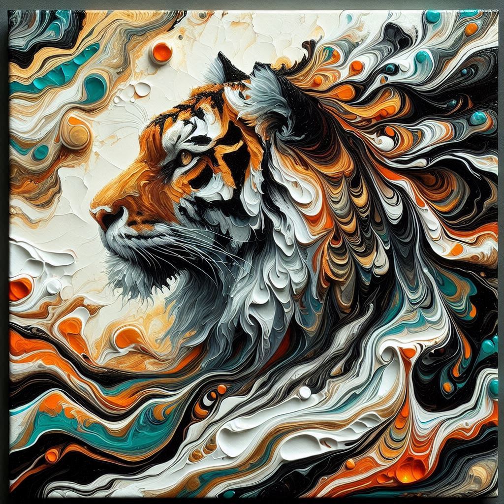 A square-format acrylic pour painting of a powerful and majestic tiger in profile. The scene ...jpeg