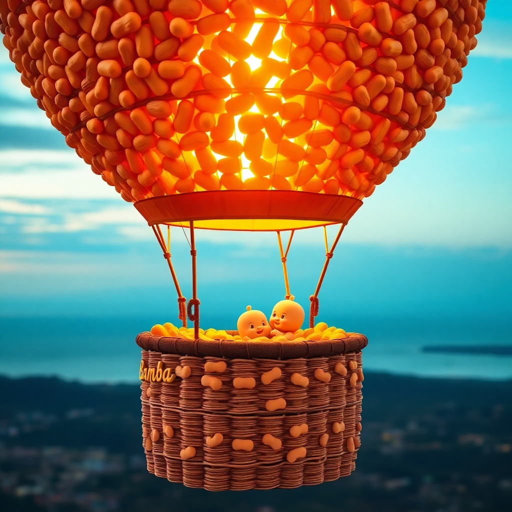A warm golden hour light illuminates a large, magnificent hot air balloon adorned with Bamba p...jpg