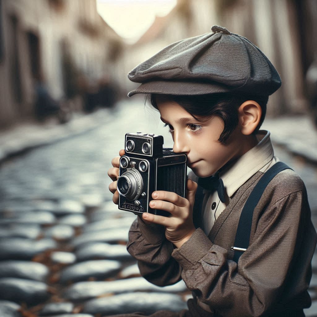 A young Jewish boy from the early 20th century taking a photo with a Kodak Brownie camera. He...jpeg