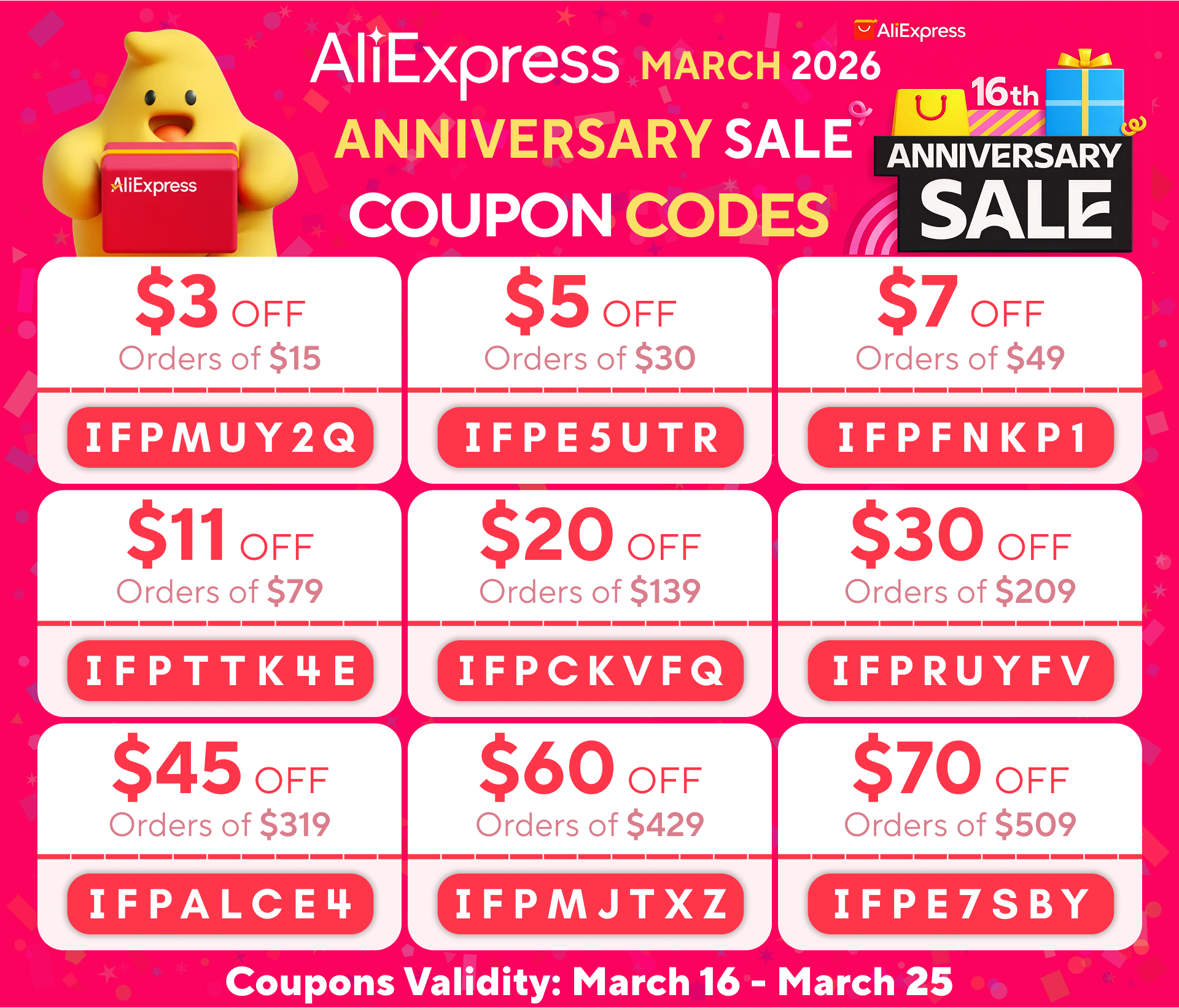 AliExpress 16th Anniversary Sale Promo Codes Global Edition (March 2026).png
