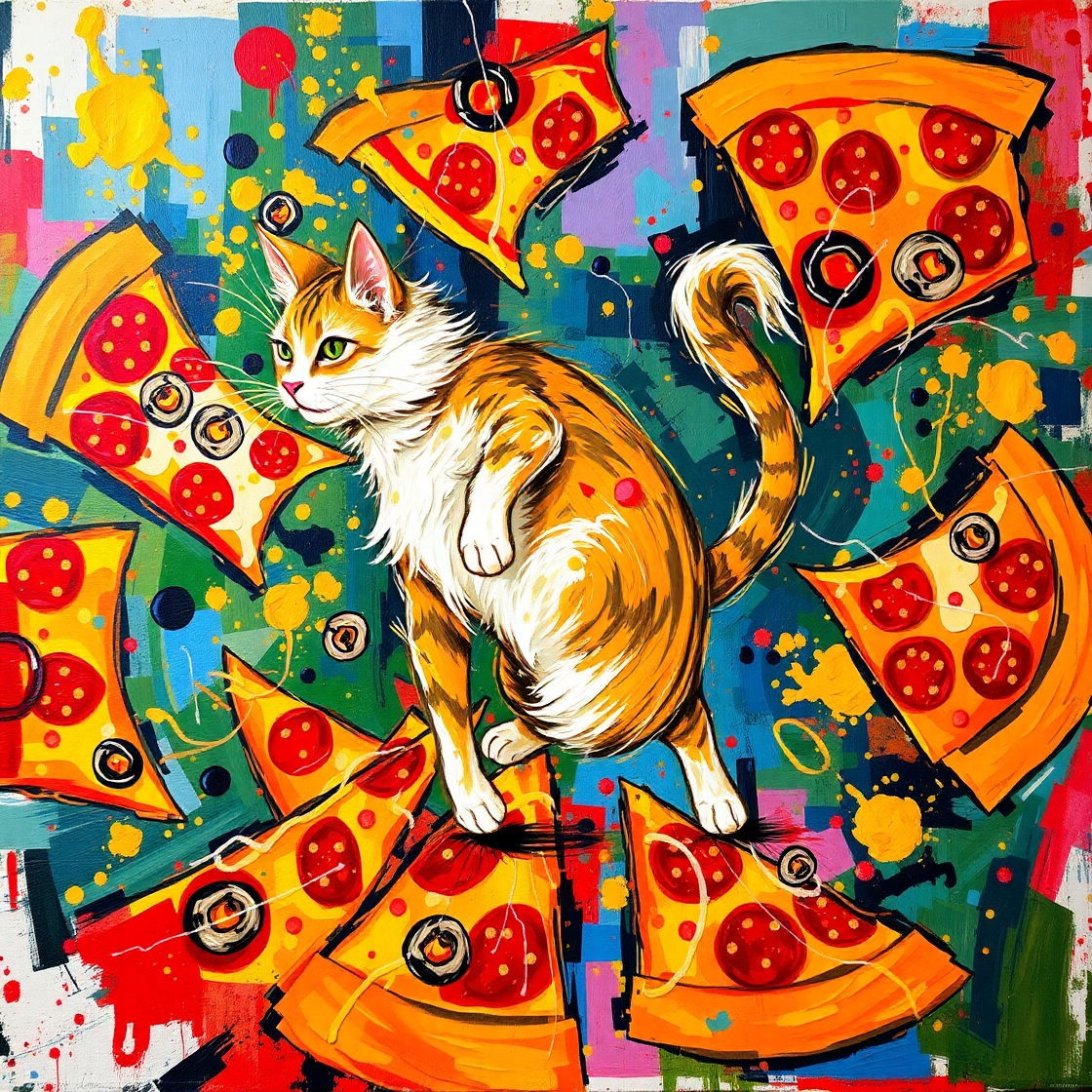 An abstract expressionist painting of a cat chasing its tail through a kaleidoscope made of p...jpeg