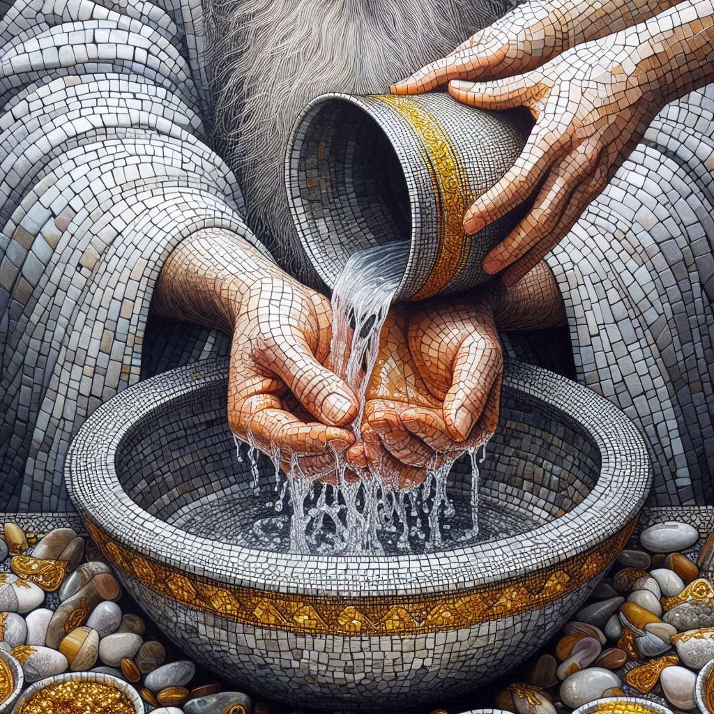 An artistic image made entirely of mosaic stones - in which you see a close-up of two hands o...jpeg