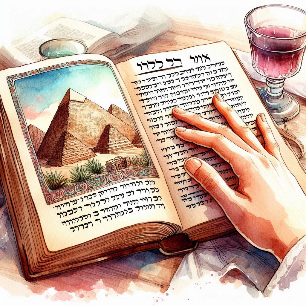 An artistic watercolor painting of a Passover Haggadah open on a table with a hand resting on...jpeg
