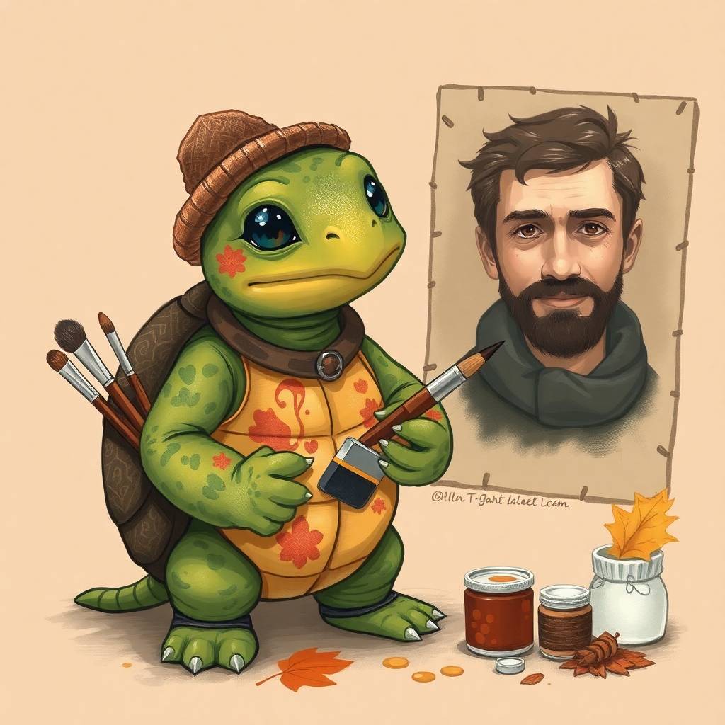 An illustration of a turtle dressed as a painter, holding painting supplies, covered in paint,...jpg