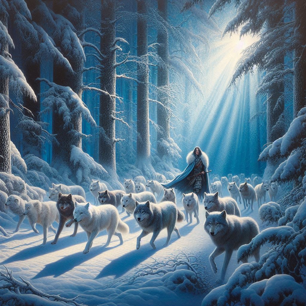 An oil painting with a majestic and mysterious character, of a snowy forest, with a pack of w...jpeg