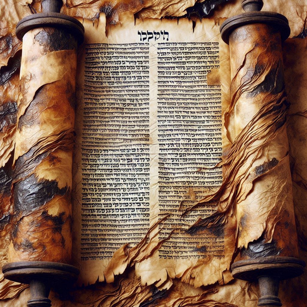 An open Torah scroll and the parchment is ancient and worn, the edges of the parchment are fr...jpeg