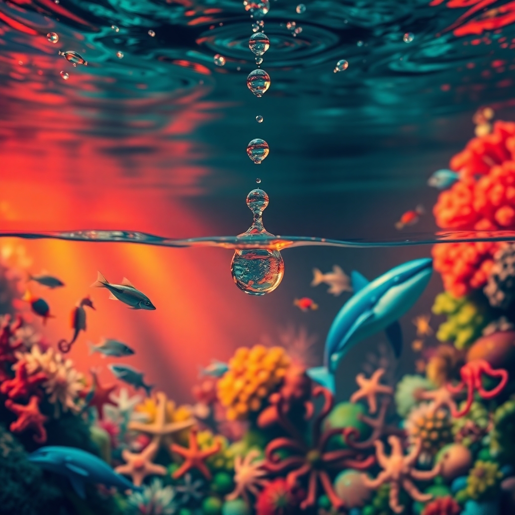 An underwater scene, showcasing a drop of water impacting the water.  Warm-toned chiaroscuro l...jpg