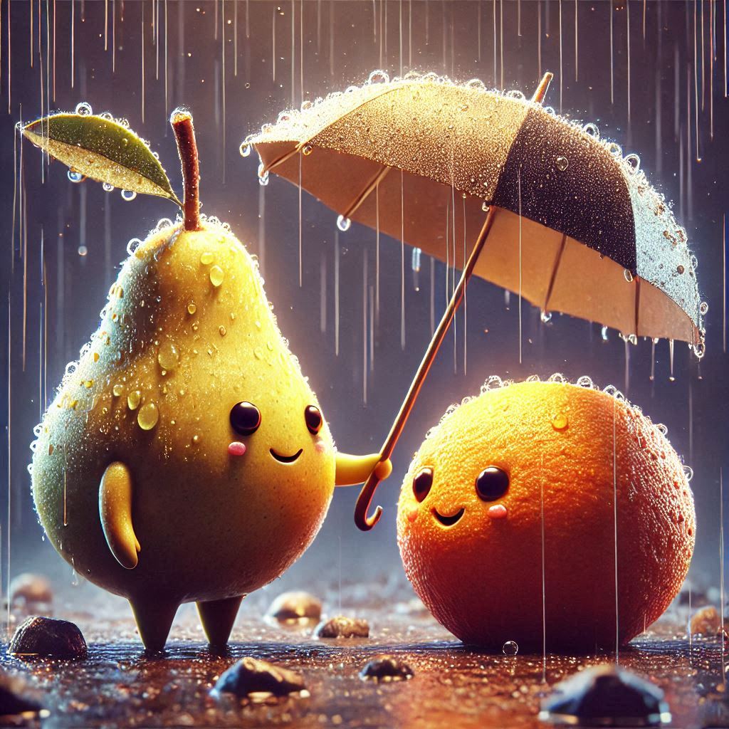 Awesome image of a cute and adorable anthropomorphic pear holding an umbrella in the rain, nex...jpg