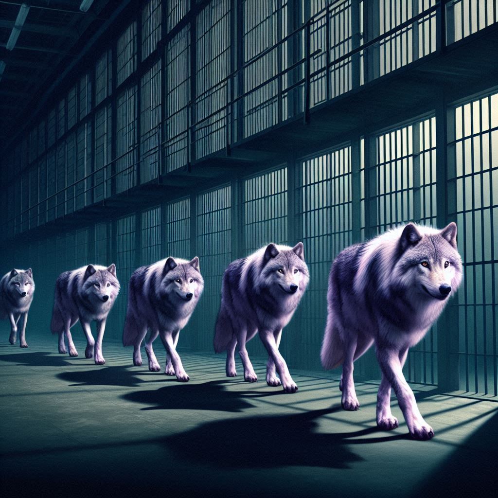 Create a dark picture for me, inside a dark prison, five slightly fat tundra wolves with thei...jpeg