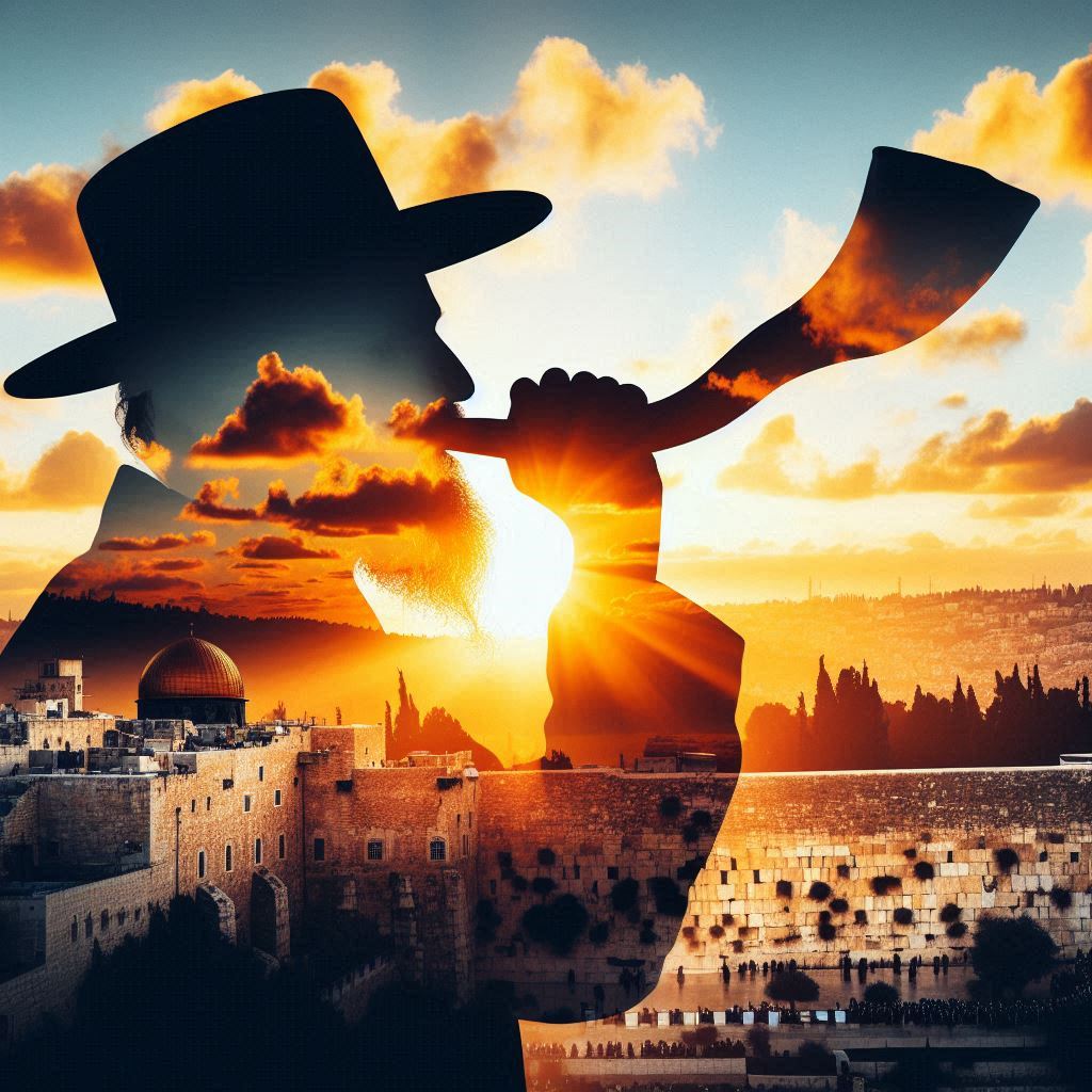 Create a digital double exposure image that captures the silhouette of an ultra-Orthodox Jew ...jpeg