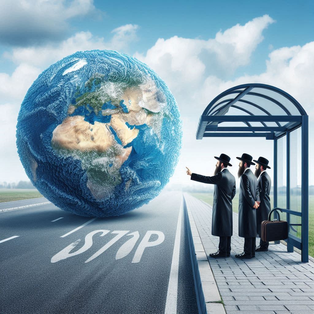 Create a realistic-style square image of the globe traveling on a road, and on the sidewalk b...jpeg