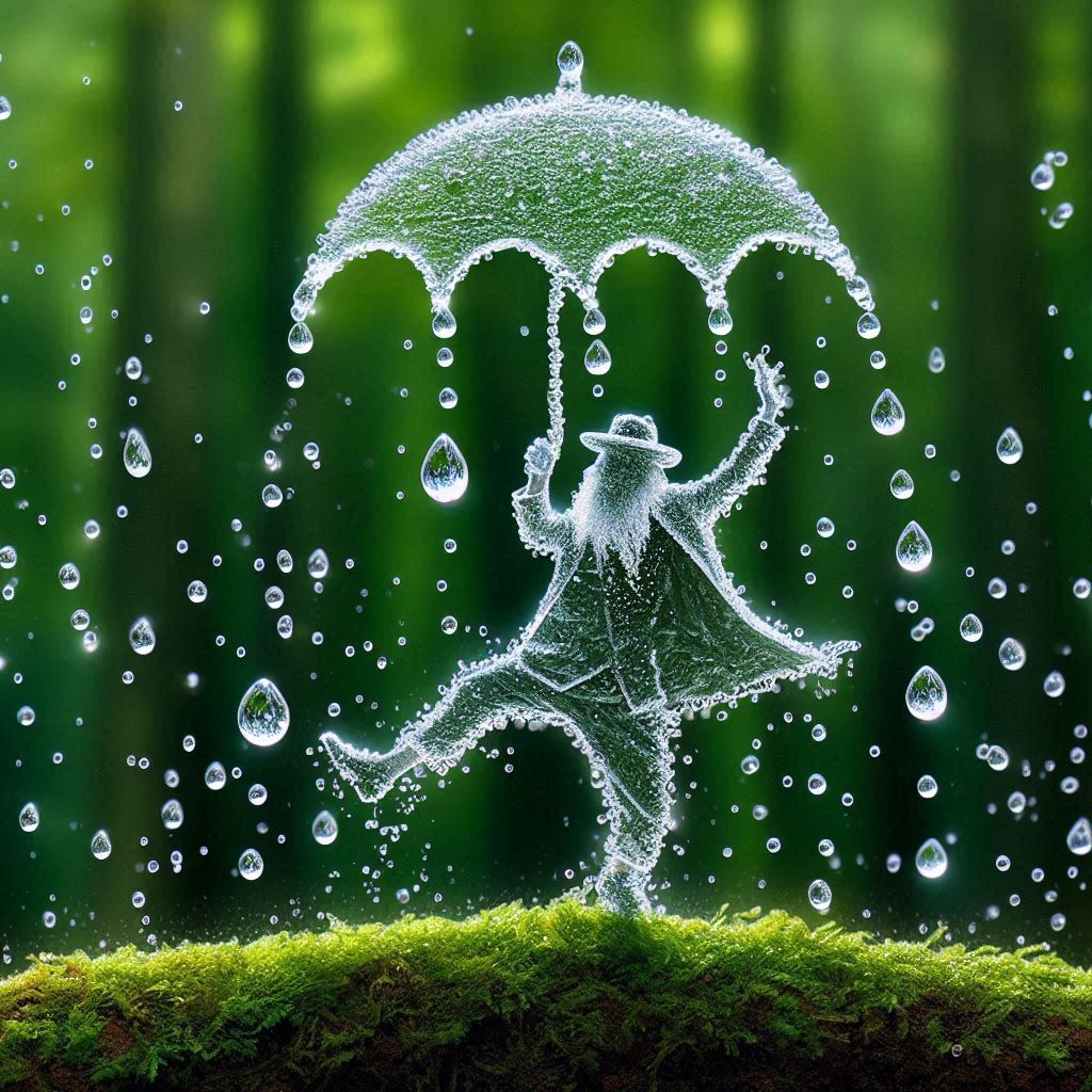Create a stunning, realistic photograph of raindrops falling against a green forest. Within t...jpeg
