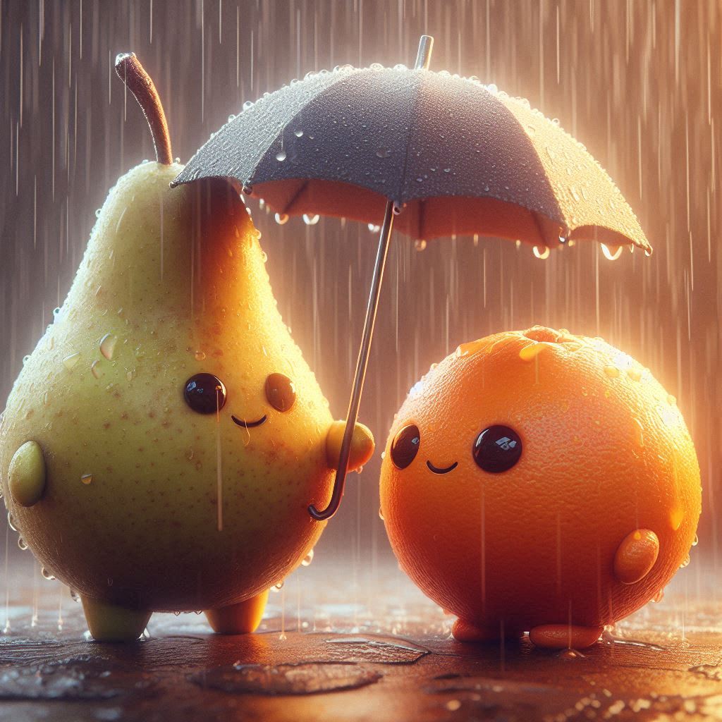 cute and adorable anthropomorphic pear holding an umbrella in the rain, next to it a juicy and...jpg