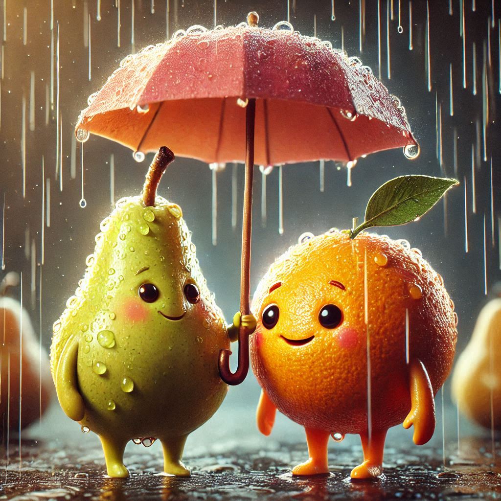 cute and adorable anthropomorphic pear holding an umbrella in the rain, next to it a juicy and...jpg