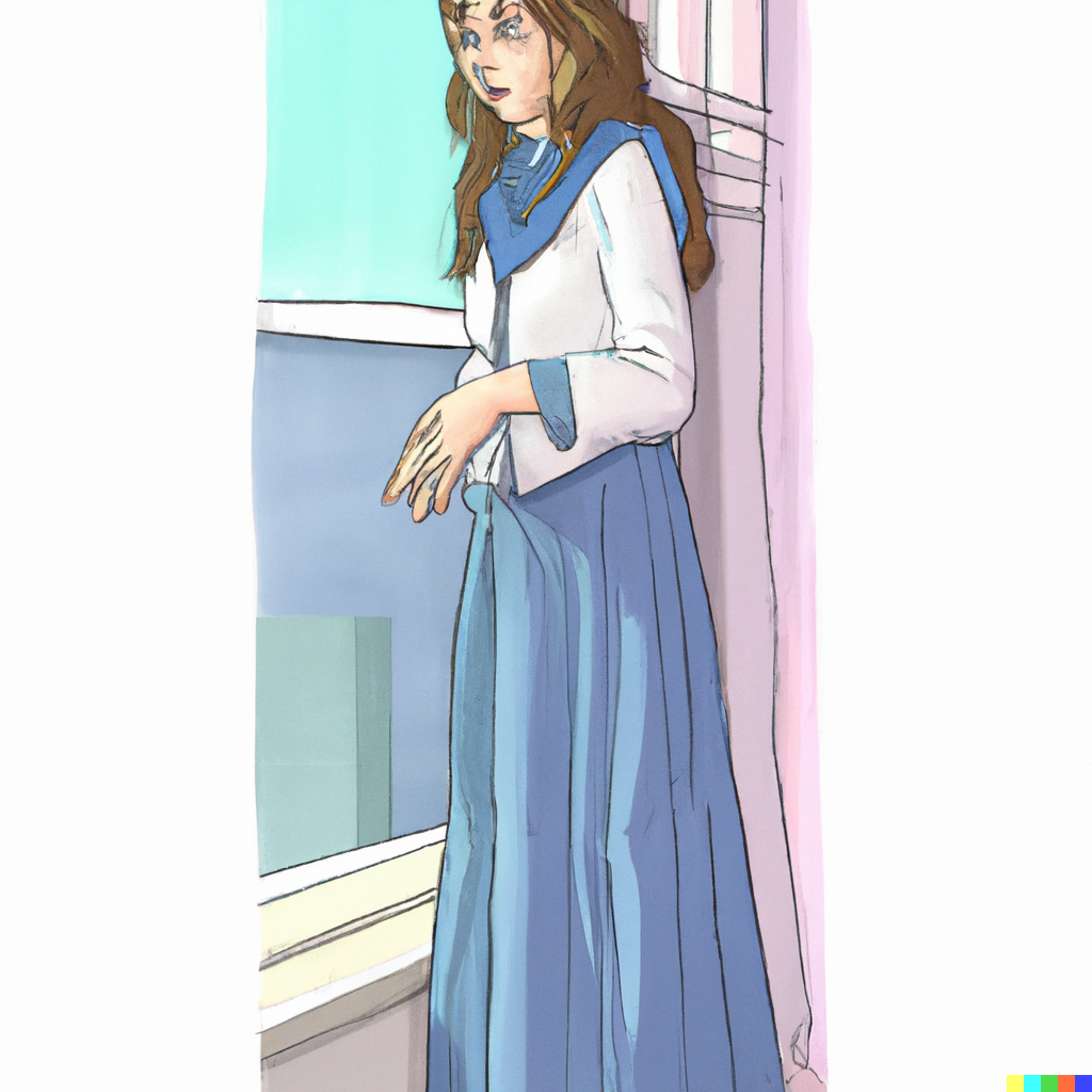DALL·E 2022-07-31 20.49.15 - Comic illustration of an ultra-orthodox schoolgirl wearing a ligh...png