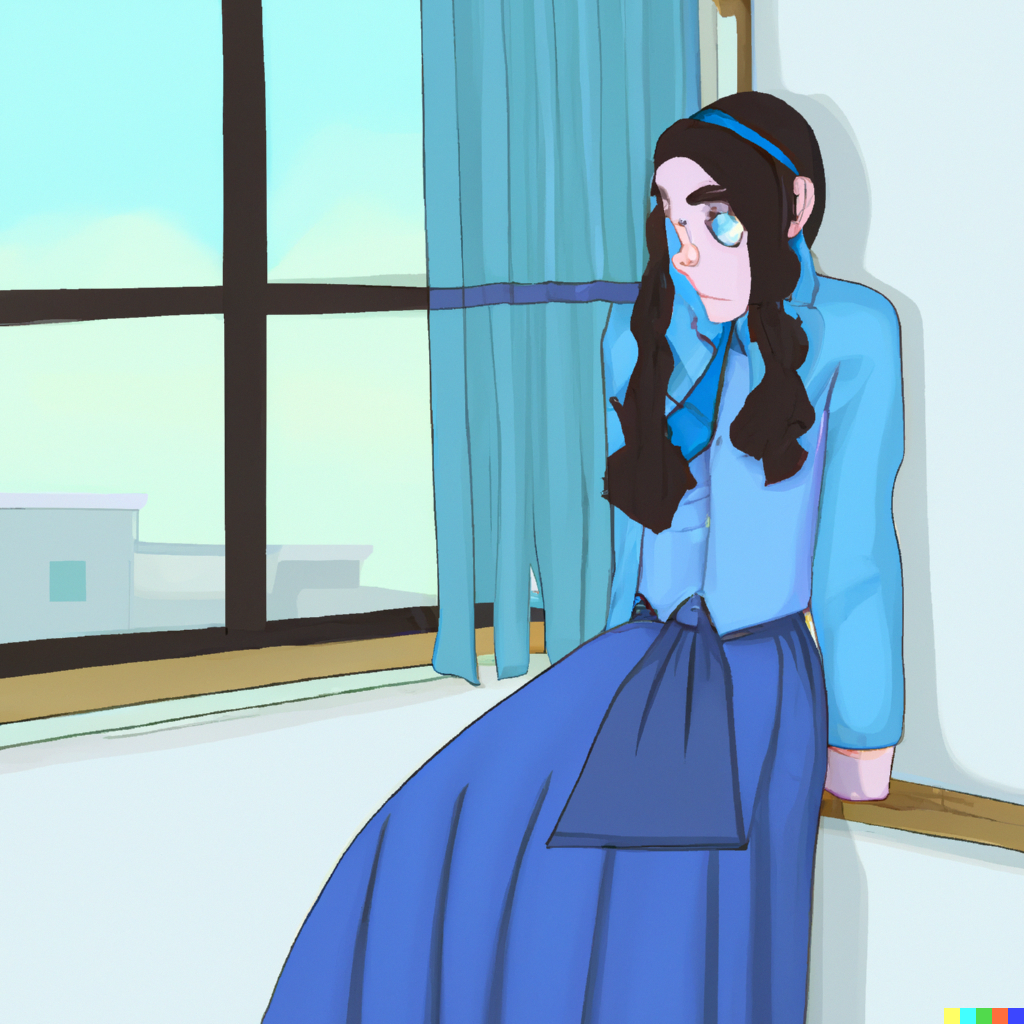 DALL·E 2022-07-31 20.49.27 - Comic illustration of an ultra-orthodox schoolgirl wearing a ligh...png