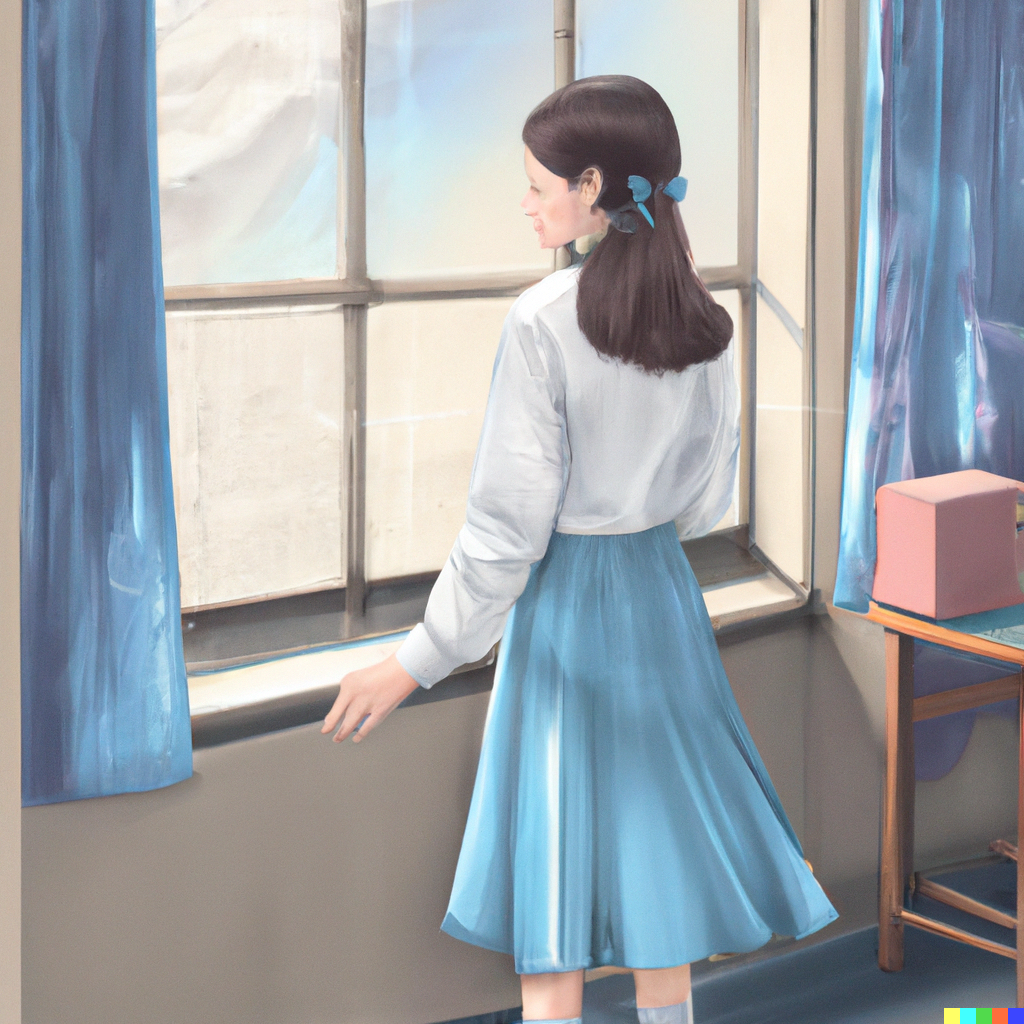 DALL·E 2022-07-31 22.06.16 - Schoolgirl wearing a light blue collared shirt with long sleeves ...png