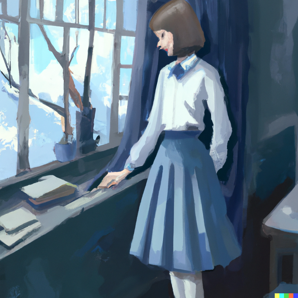DALL·E 2022-07-31 22.06.21 - Schoolgirl wearing a light blue collared shirt with long sleeves ...png