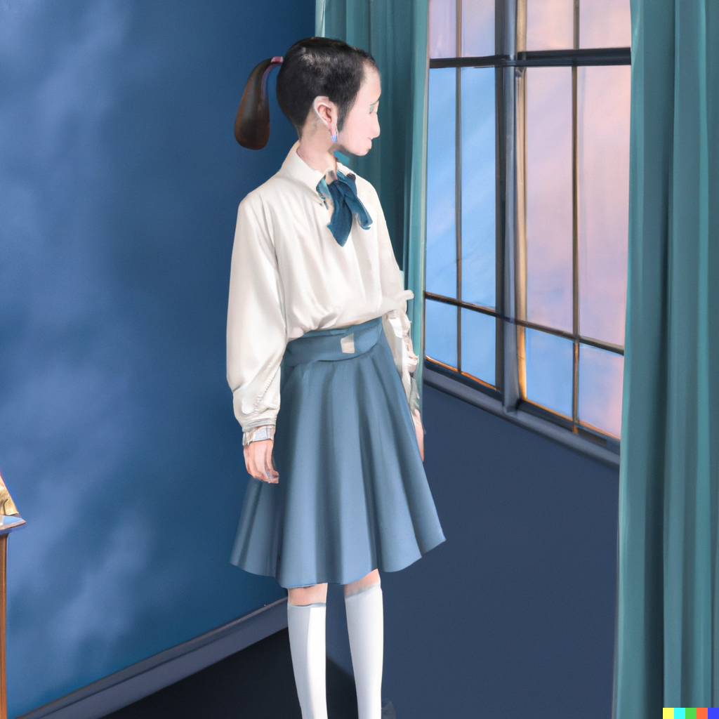 DALL·E 2022-07-31 22.06.26 - Schoolgirl wearing a light blue collared shirt with long sleeves ...png
