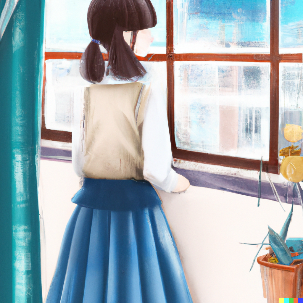 DALL·E 2022-07-31 23.43.54 - Schoolgirl with a sweet face wearing a long-sleeved light blue co...png