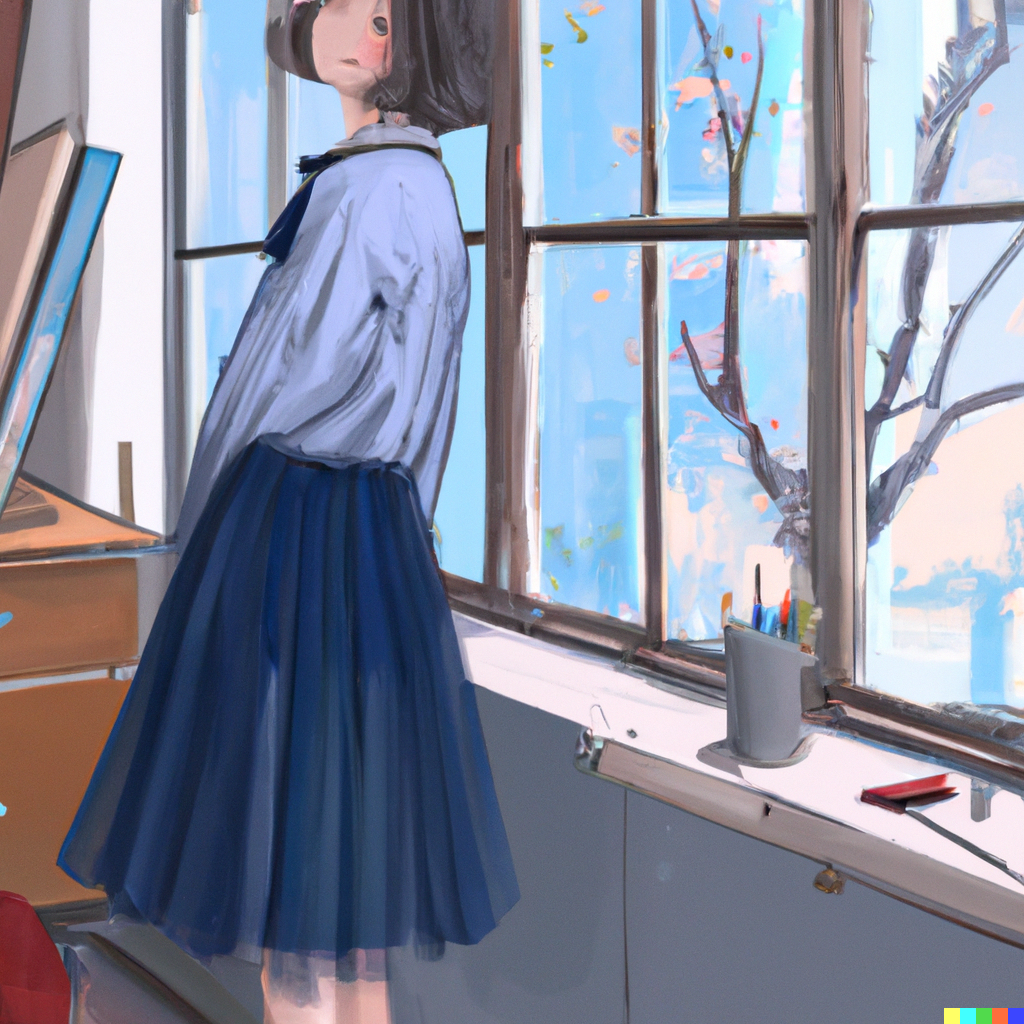 DALL·E 2022-07-31 23.44.58 - Schoolgirl with a sweet face wearing a long-sleeved light blue co...png