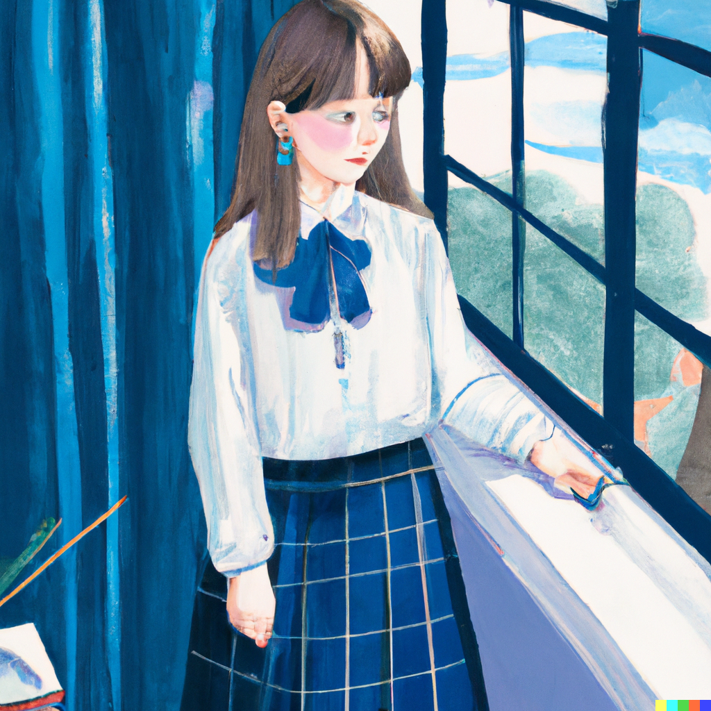 DALL·E 2022-07-31 23.54.35 - Schoolgirl with a sweet face wearing a long-sleeved light blue co...png