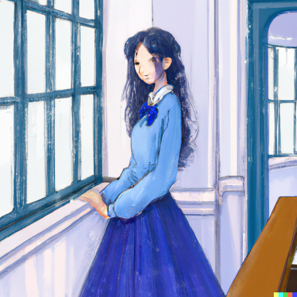 DALL·E 2022-07-31 23.54.43 - Schoolgirl with a sweet face wearing a long-sleeved light blue co...png