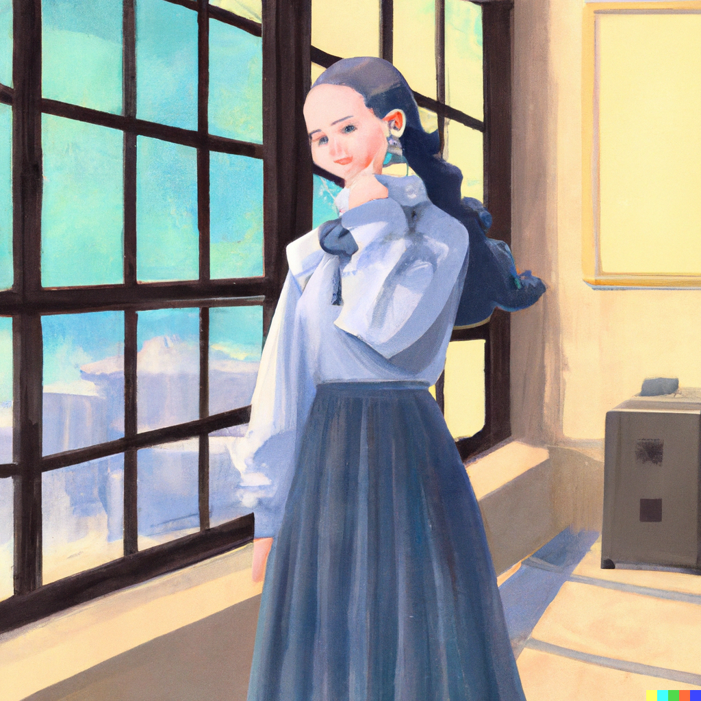 DALL·E 2022-08-01 00.02.47 - Schoolgirl with a cute face and ponytail wearing a long-sleeved l...png