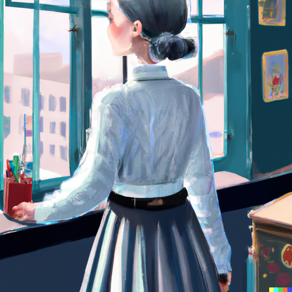 DALL·E 2022-08-01 00.05.38 - Schoolgirl with a cute face and ponytail wearing a long-sleeved l...png