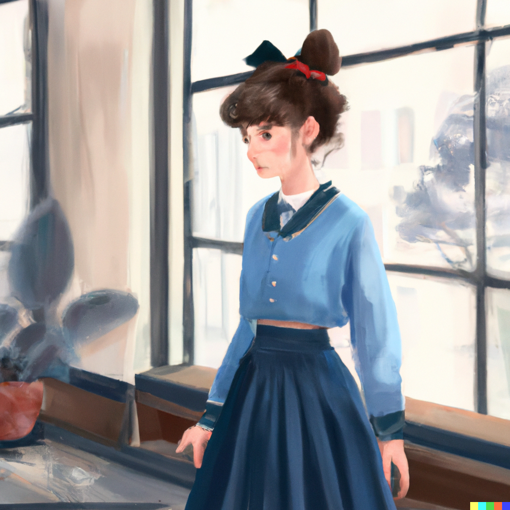 DALL·E 2022-08-01 00.05.41 - Schoolgirl with a cute face and ponytail wearing a long-sleeved l...png