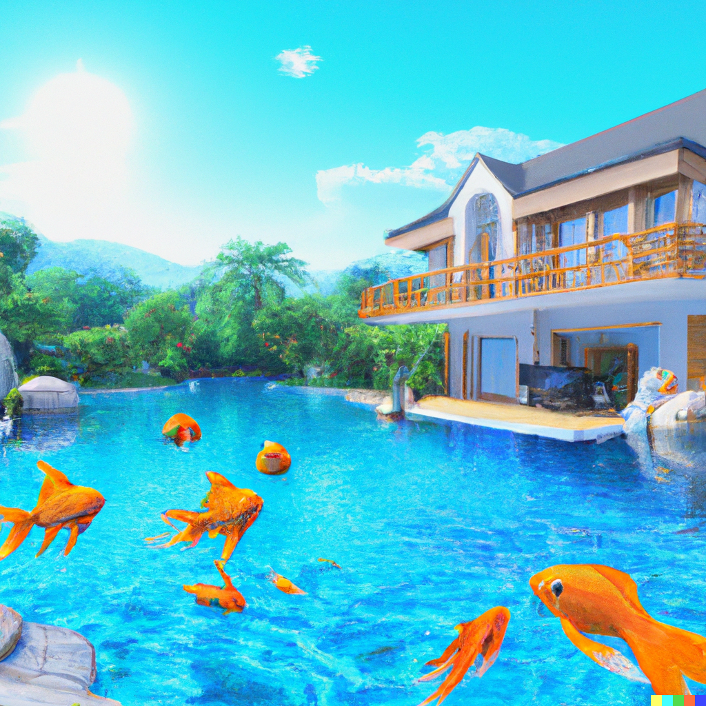 DALL·E 2022-11-15 14.16.35 - Your dream villa, a large water pool with ornamental fish, rich v...png
