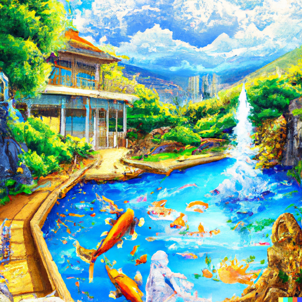 DALL·E 2022-11-15 14.48.07 - Your dream villa, a large water pool with ornamental fish, rich v...png